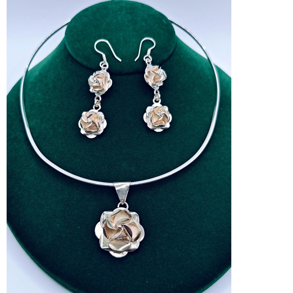 1950's Mexican Taxco 925 Sterling Silver Rose Floral Necklace Earrings Set TO-62 - Picture 1 of 9